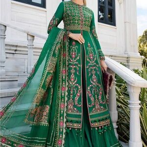 Maria B. Designer new Stunning Green Embroidered Long Sleeve Dress